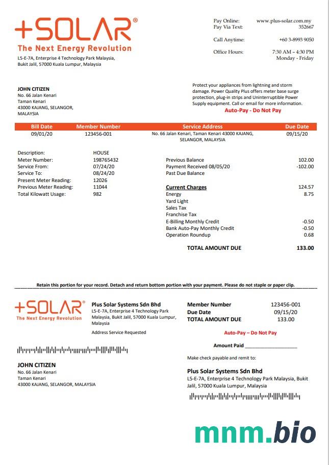 Malaysia Plus Solar Systems Sdn Bhd rachunek za media szablon w formacie Word i PDF